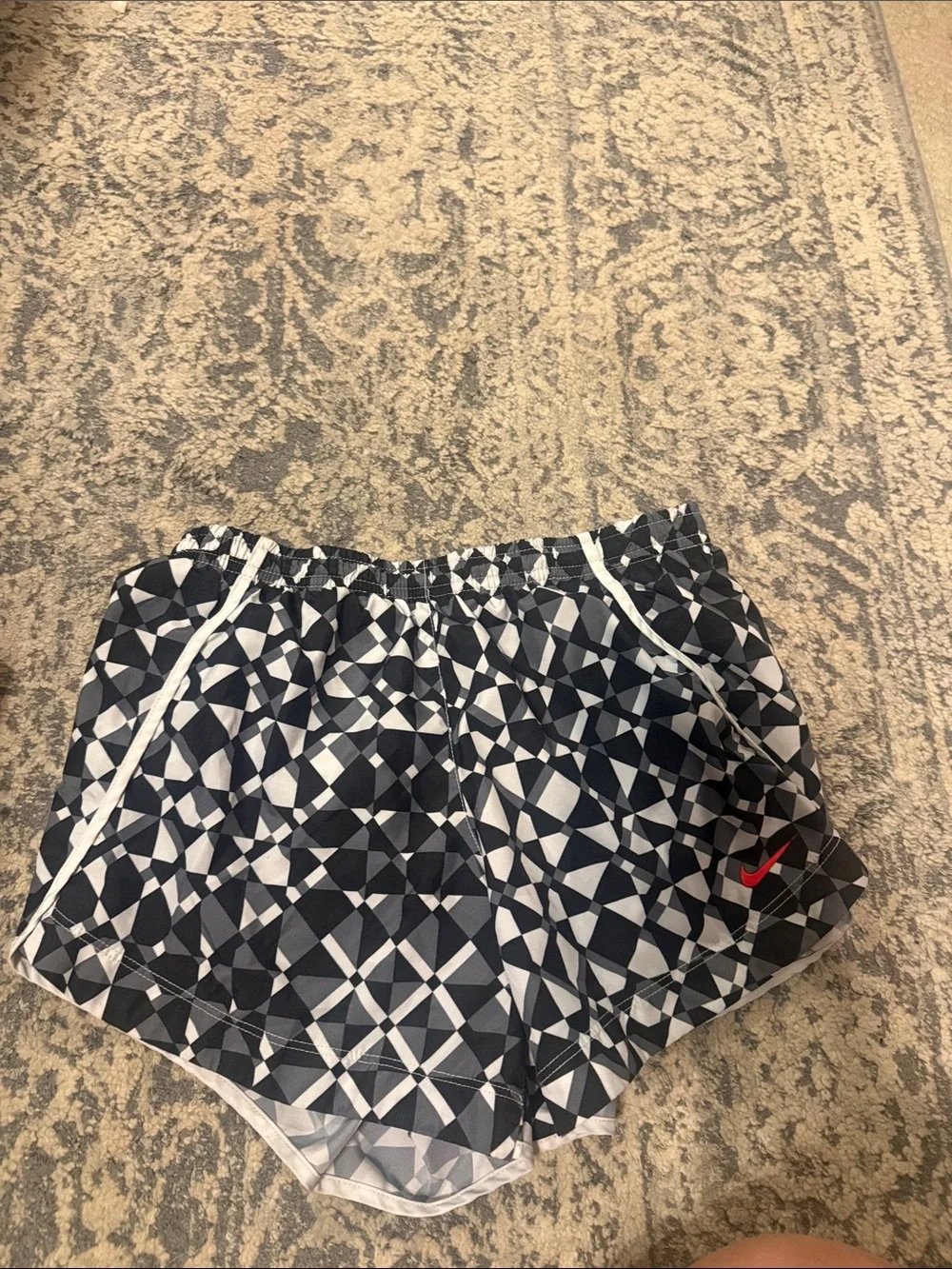 Nike Women’s Black & White Geometric Athletic Shorts with Red Swoosh